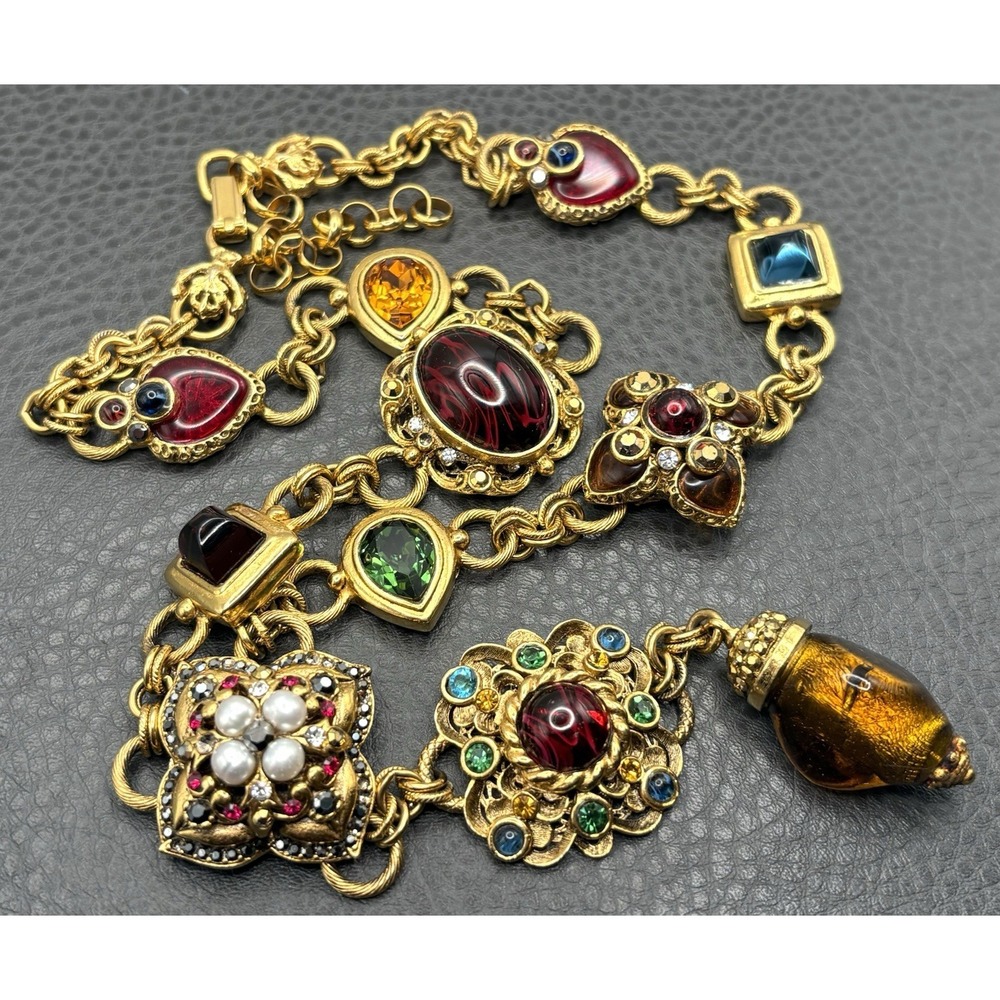 RARE Barrera 80s Couture Etruscan Rhinestone Drop Pendant Chunky Necklace
